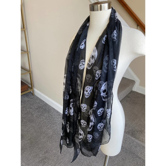 Sheer black scarf with white skulls 27 inches X 68 inches - Picture 1 of 4